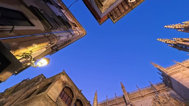 Historic Royal Chapel of Granada at Sunset With Ornate Facade and Decorative Spires-looking up, Granada, Spain