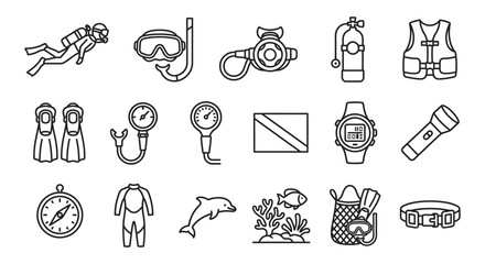 Fototapeta premium Line art scuba diving sports icon vector collection for ocean exploration and underwater activities