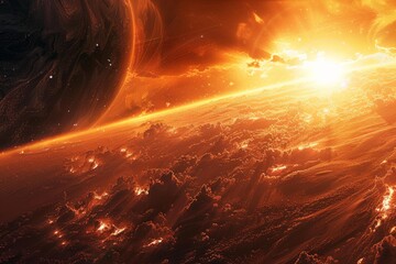 Fototapeta premium Dramatic scenery of a fiery exoplanet with glowing clouds orbiting a red giant star in deep space