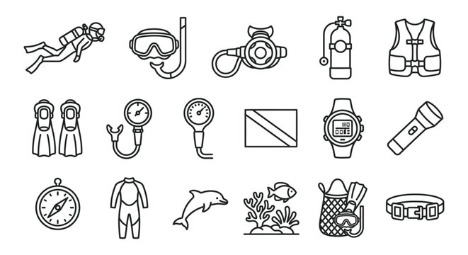 Line art scuba diving sports icon vector collection for ocean exploration and underwater activities