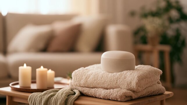 Cozy living room scene with a beige sofa in the background. on the right side of the image, there is a wooden coffee table with a stack of folded white towels on top of it.