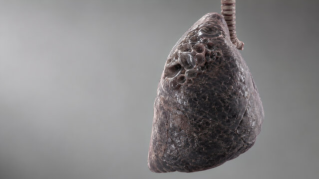 Bilateral Emphysematous Lungs 3D Render, Diffuse Low-Density Parenchyma, Focal Bullae, Hyperinflation, Realistic Trachea Bronchi Hilar Anatomy, Medical Illustration