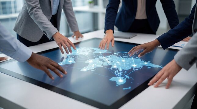 Business professionals collaborating diverse team hands on modern digital touch screen interactive holographic world map displaying global connections networking international