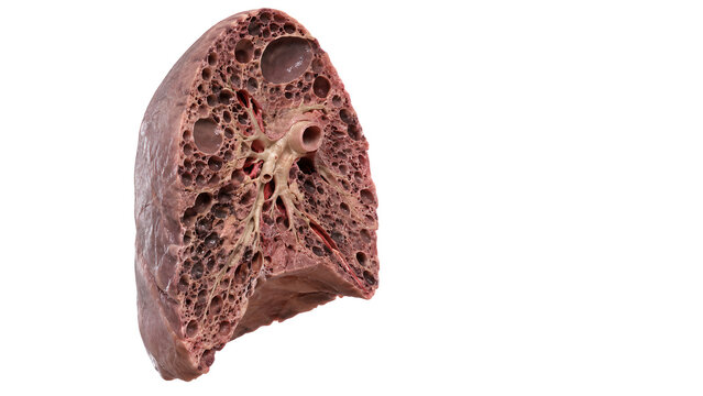 Bilateral Emphysematous Lungs 3D Render, Diffuse Low-Density Parenchyma, Focal Bullae, Hyperinflation, Realistic Trachea Bronchi Hilar Anatomy, Medical Illustration