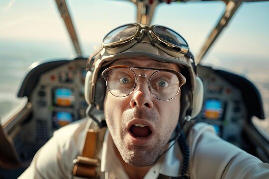 Shocked pilot wearing helmet and goggles making selfie while flying inside cockpit of private plane