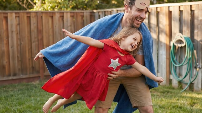 Father lifting daughter in red superhero cape for imaginary flight in backyard. Family bonding and childhood imagination concept