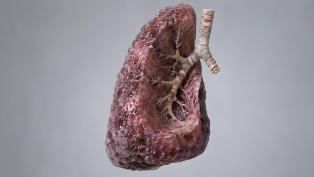 Bilateral Emphysematous Lungs 3D Render, Diffuse Low-Density Parenchyma, Focal Bullae, Hyperinflation, Realistic Trachea Bronchi Hilar Anatomy, Medical Illustration