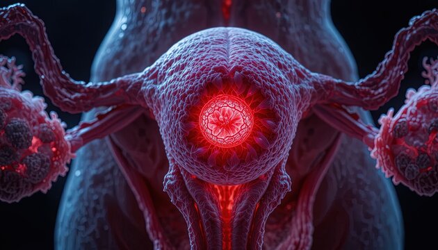 Glowing red anatomical structure resembles a stylized human reproductive organ against a dark background.