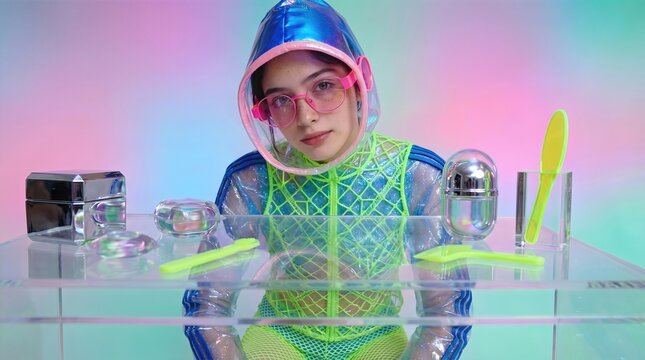 Woman in transparent futuristic jacket and protective hood with pink goggles. Cyber beauty lab setup with clear containers and metallic tools. Innovative skincare and cosmetics technology concept