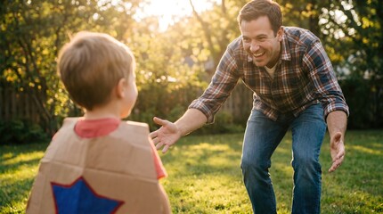 Fototapeta premium Father and son reaching out hands in sunny backyard. Boy in homemade cardboard superhero costume with cape. Family bonding and childhood imagination during outdoor play
