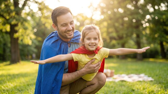 Man holding daughter with arms extended pretending to fly in park. Father and girl dressed as superheroes with capes. Family playtime and childhood imagination concept for bonding and fun activities