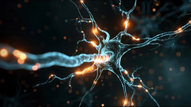 A video showcasing a neuron with glowing connections in a dark background
