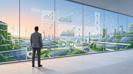 Fototapeta premium Businessman looking at futuristic eco city with wind turbines and solar panels visible through glass window holographic charts showing growth sustainability icons representing