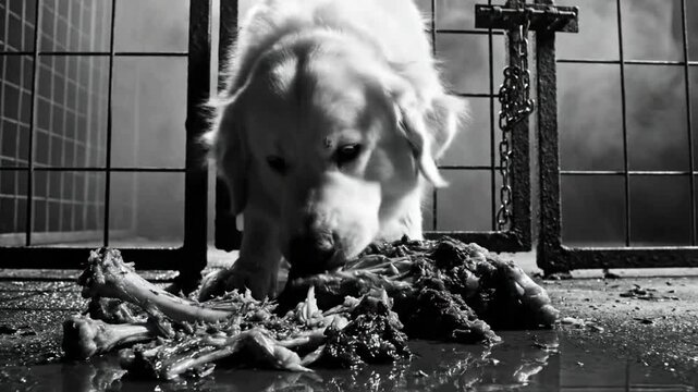 Black and white close up of a Golden Retriever dog eating meat and bones in a cage environment