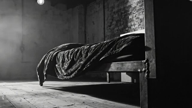 Black and white shot of an eerie room with a bed and a single hanging light casting a dramatic shadow