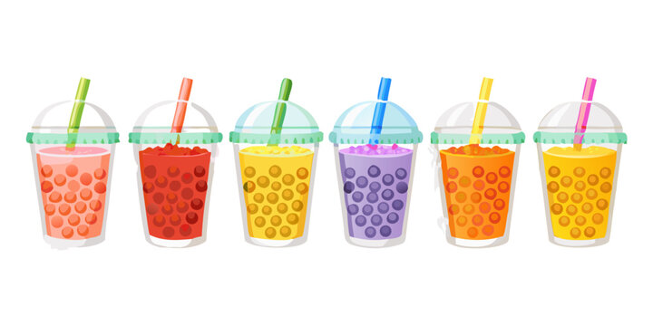 Assorted colorful bubble pearl milk tea drink set, vector