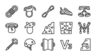 Climbing Gear Icons Set, Rock Climbing Equipment Vector Graphics, Outdoor Adventure Symbols © Mahin