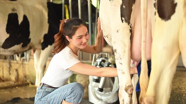 Cleaning cow udder before milking process in dairy farm barn