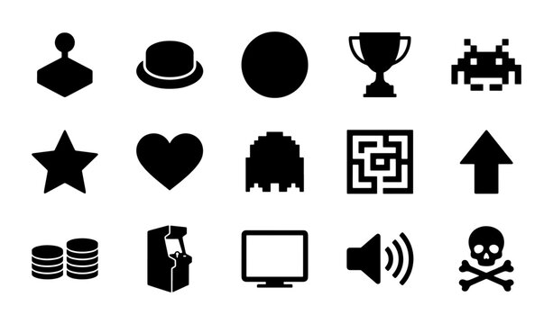 Retro Arcade Game Icons Set: Joystick, Trophy, Alien, Heart, Coins, Skull