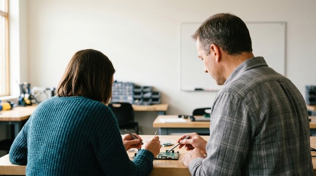 Male and female engineers working on circuit board in lab electronics assembly technology development research team collaboration hardware repair engineering workshop product