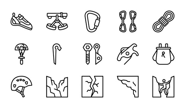Climbing Gear Icons Set, Rock Climbing Equipment Vector Graphics, Outdoor Adventure Symbols