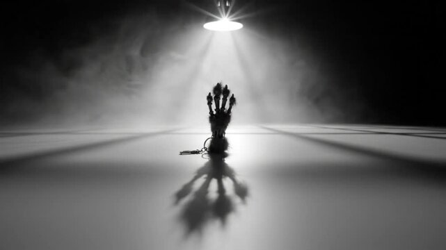 Spooky black and white image of a creepy hand keychain with dramatic lighting and smoke, creating a chilling atmosphere
