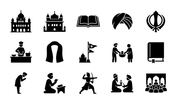 Sikhism Icons Set, Religious Symbols, Gurdwara, Turban, Khanda, Guru Granth Sahib, Culture