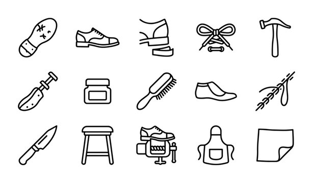 Shoe Repair Icons, Cobbler Tools Vector Set, Craftsmanship & Maintenance Graphics