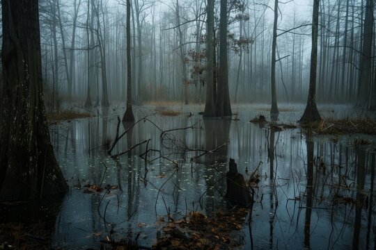Swamp trees reflecting in dark water covered by fog creating a mysterious and evocative atmosphere