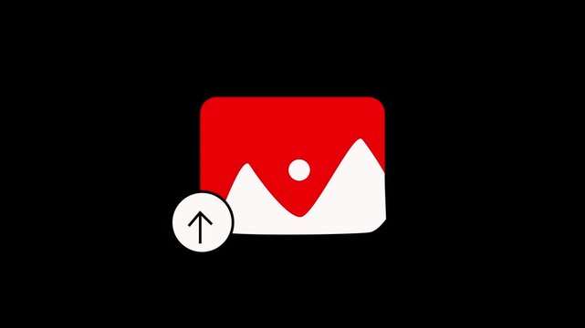 Landscape icon animation with upload arrow. Landscape icon digital media symbol. Landscape icon photography technology graphic on black background for data.