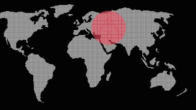 Warning alert animation on world map. Warning alert global security notification. Warning alert digital technology graphic on black background for tracking.