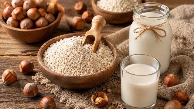 Buckwheat groats hazelnuts and plant based milk rustic food photography