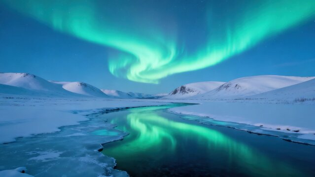 Northern lights over snowy river
