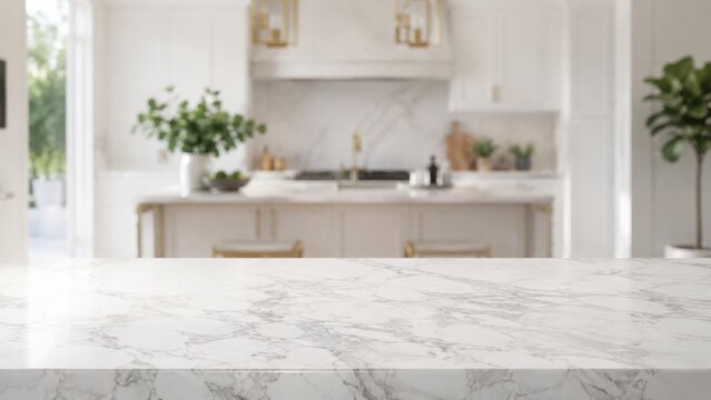 Luxury kitchen interior with marble countertop and bright natural light