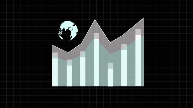 Bar chart animation with earth globe. Bar chart global financial growth data. Bar chart international business analytics graphic on black background for trade.