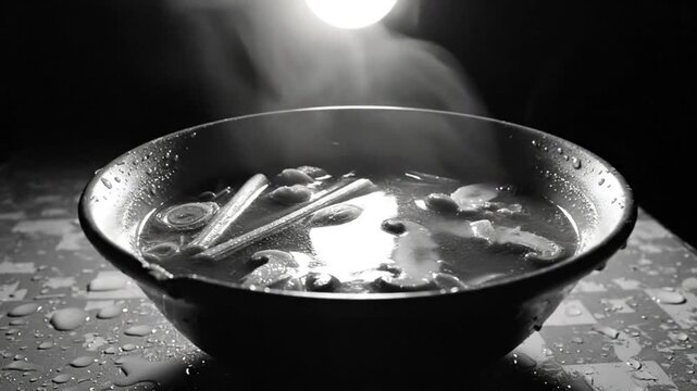 Steaming bowl of soup in monochrome with light glistening from above creating a cozy, evocative atmosphere