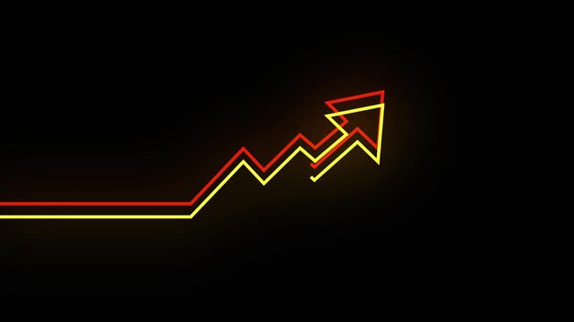 Line graph animation with upward arrows. Line graph red and yellow growth data. Line graph business success graphic on black background for reports.