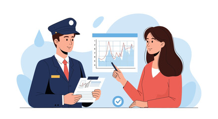 Fototapeta premium Officer Reviews Business Data with Woman, Chart Analysis, Decision Making