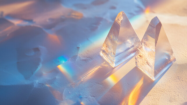 Two crystal pyramids with rainbow light - Dreamy reflection and blue shadow background