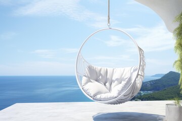 Obraz premium White hanging chair with cushion on a modern terrace overlooking a tropical sea landscape