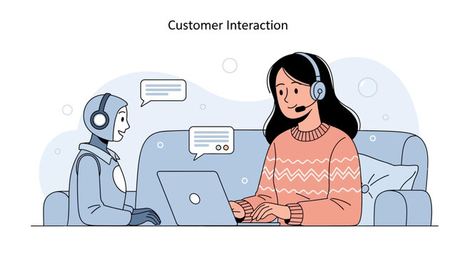 Robot and woman with headset collaborate on laptop, customer interaction concept