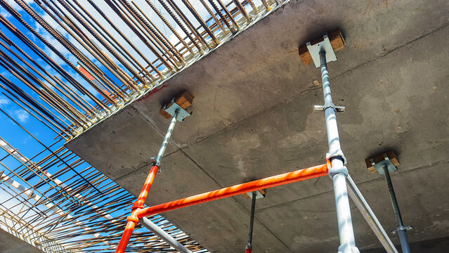Concrete slab under construction, reinforced with steel bars
