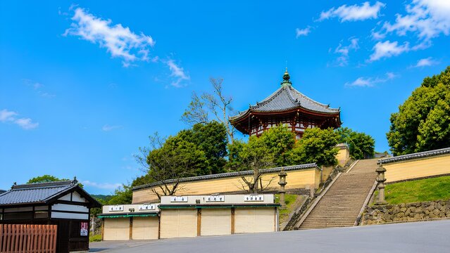 奈良の寺院と石段風景 青空に映える日本の歴史建築