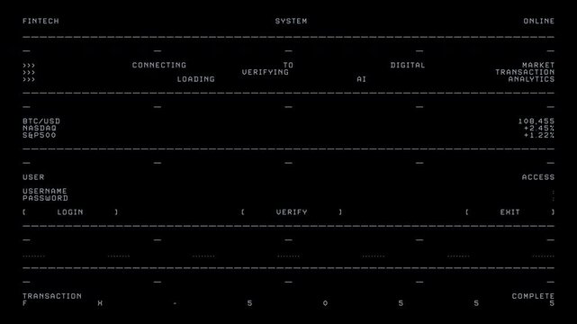 Fintech System Online Terminal Interface with AI Connection and Completed Market Transaction. perfect for concepts involving AI-driven finance, cybersecurity, cyberpunk mainframe computing.