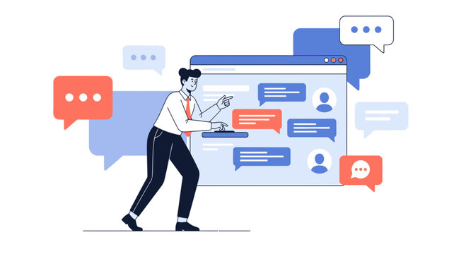 Vector illustration of a person interacting with a chat interface and speech bubbles.