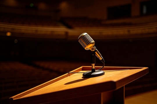 Vintage microphone on wooden podium