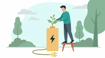 Green energy concept: Man nurturing plant on large battery with plug © Drawingbox