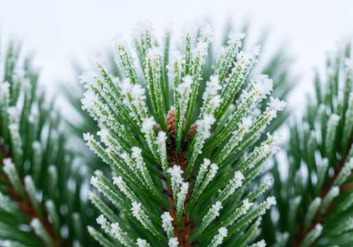 Detailed macro shot of vibrant green pine needles covered in natural, intricate white snowflakes and frost on a cold winter morning, texture, organic, closeup