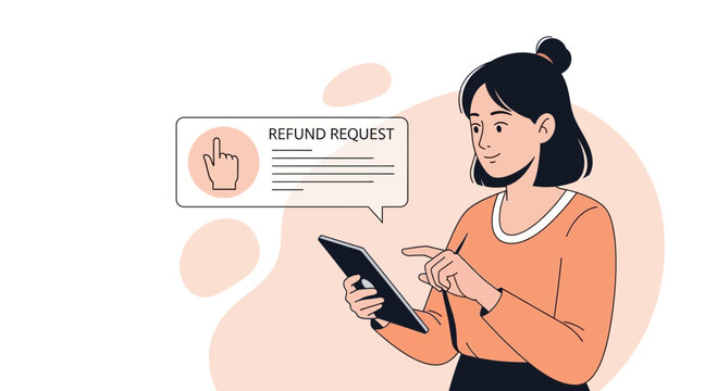 Woman submitting online refund request via tablet, digital finance icon