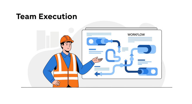 Worker presenting workflow chart on screen, modern cartoon illustration